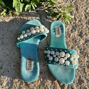 Vintage Aqua Tiara Sandals with Pearls